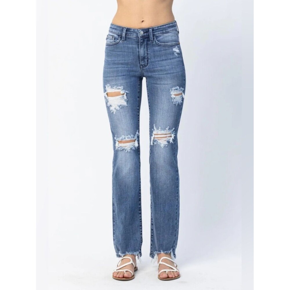 Judy Blue Mid Rise Destroyed Straight Fit Stretch Denim Jeans  |  Size:  3/26